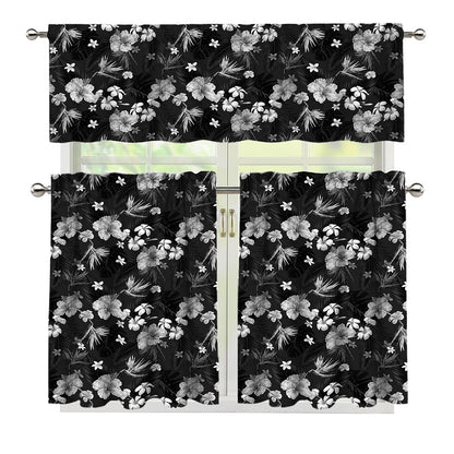 Monochrome Hawaiian Floral Print 3 Piece Kitchen Curtains