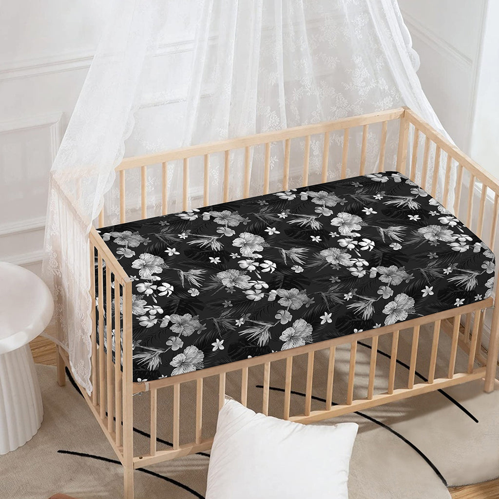 Monochrome Hawaiian Floral Print Baby Crib Sheet