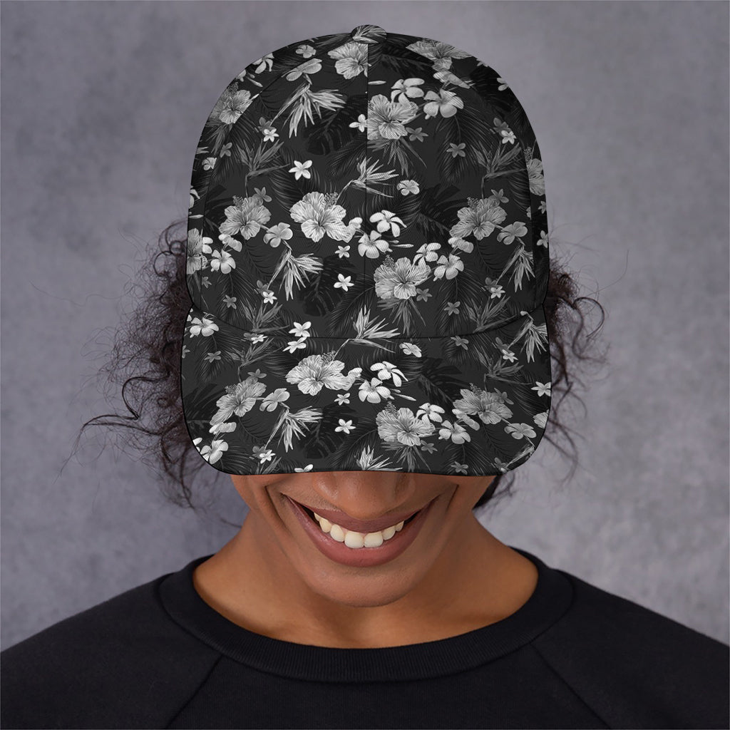 Monochrome Hawaiian Floral Print Baseball Cap