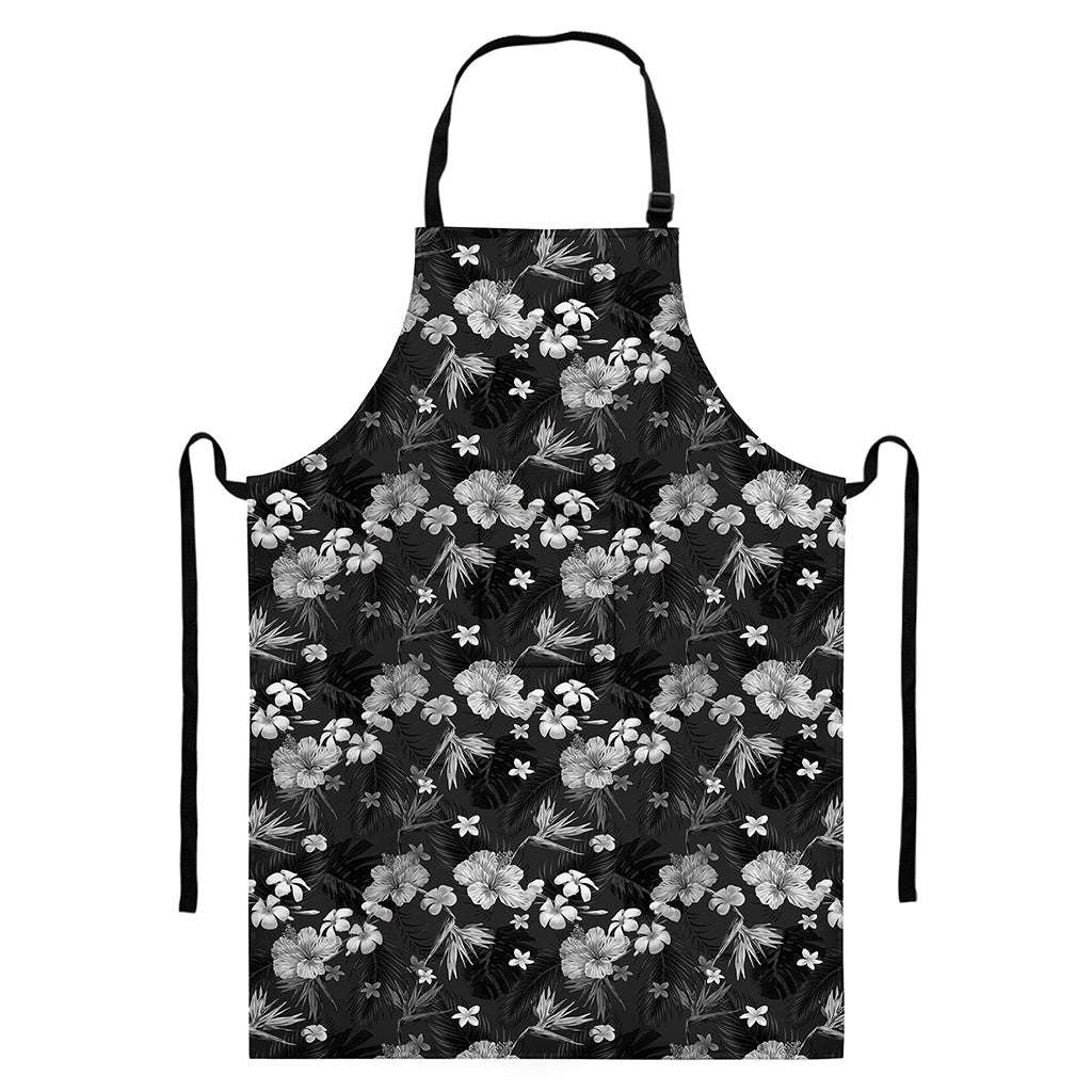 Monochrome Hawaiian Floral Print Bib Apron With Pocket