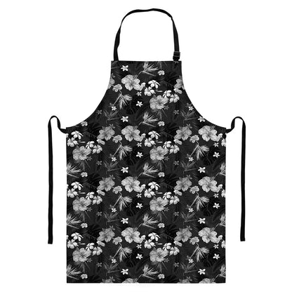 Monochrome Hawaiian Floral Print Bib Apron With Pocket