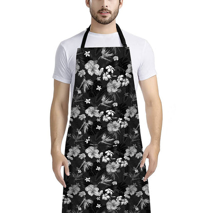 Monochrome Hawaiian Floral Print Bib Apron With Pocket