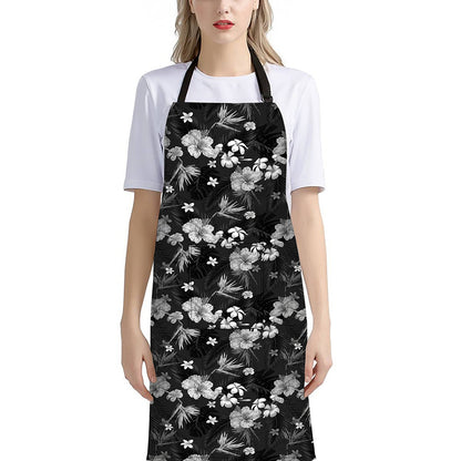 Monochrome Hawaiian Floral Print Bib Apron With Pocket