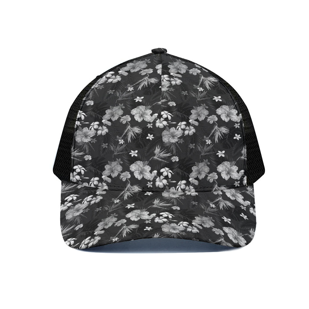 Monochrome Hawaiian Floral Print Black Mesh Trucker Cap