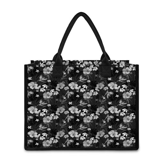 Monochrome Hawaiian Floral Print Canvas Tote Bag