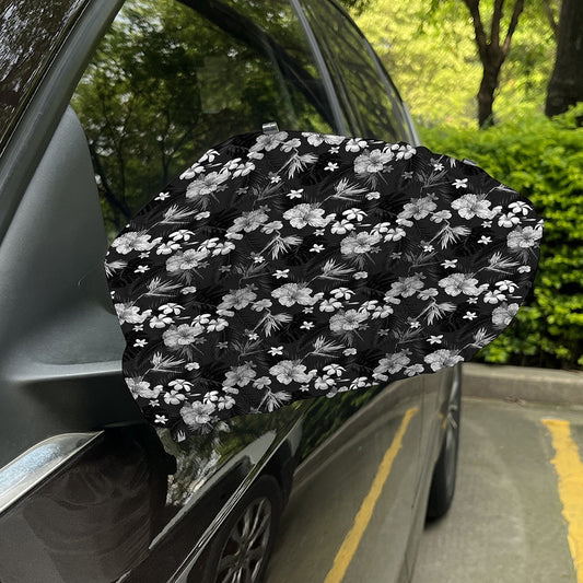 Monochrome Hawaiian Floral Print Car Side Mirror Covers