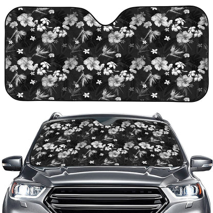 Monochrome Hawaiian Floral Print Car Windshield Sun Shade