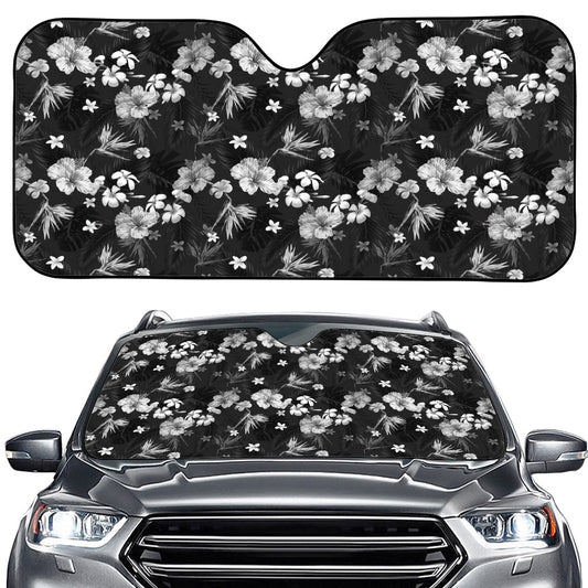 Monochrome Hawaiian Floral Print Car Windshield Sun Shade