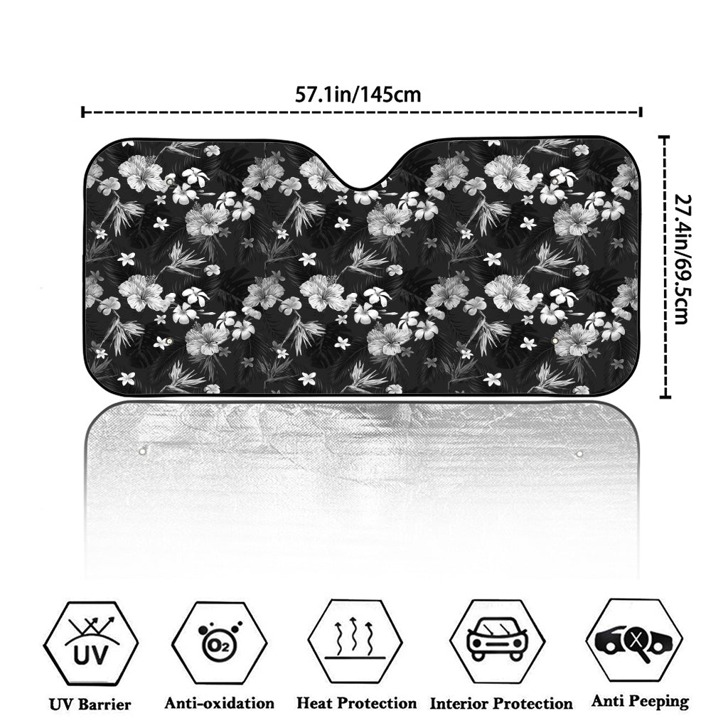 Monochrome Hawaiian Floral Print Car Windshield Sun Shade
