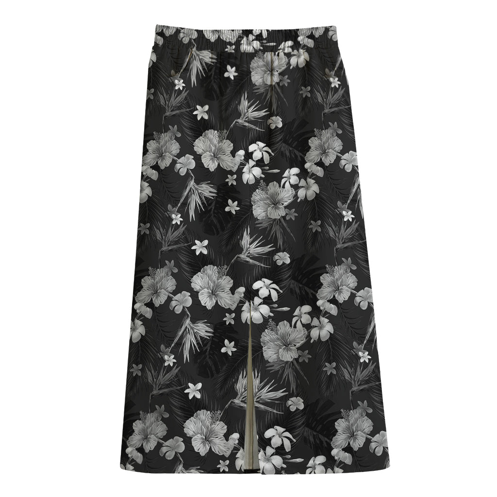 Monochrome Hawaiian Floral Print Cotton Front Slit Maxi Skirt