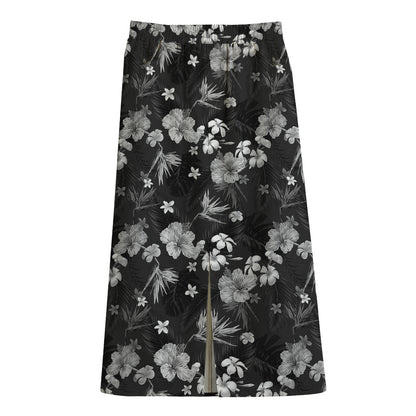 Monochrome Hawaiian Floral Print Cotton Front Slit Maxi Skirt
