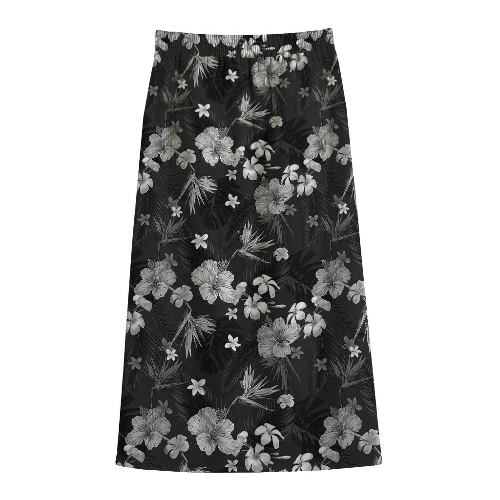 Monochrome Hawaiian Floral Print Cotton Front Slit Maxi Skirt