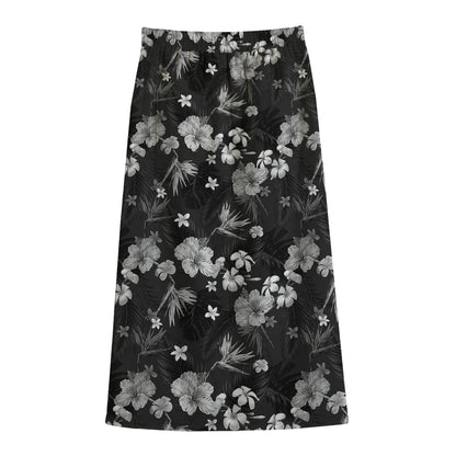 Monochrome Hawaiian Floral Print Cotton Front Slit Maxi Skirt