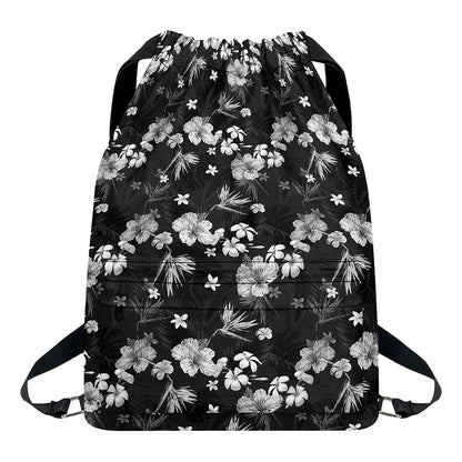 Monochrome Hawaiian Floral Print Drawstring Backpack