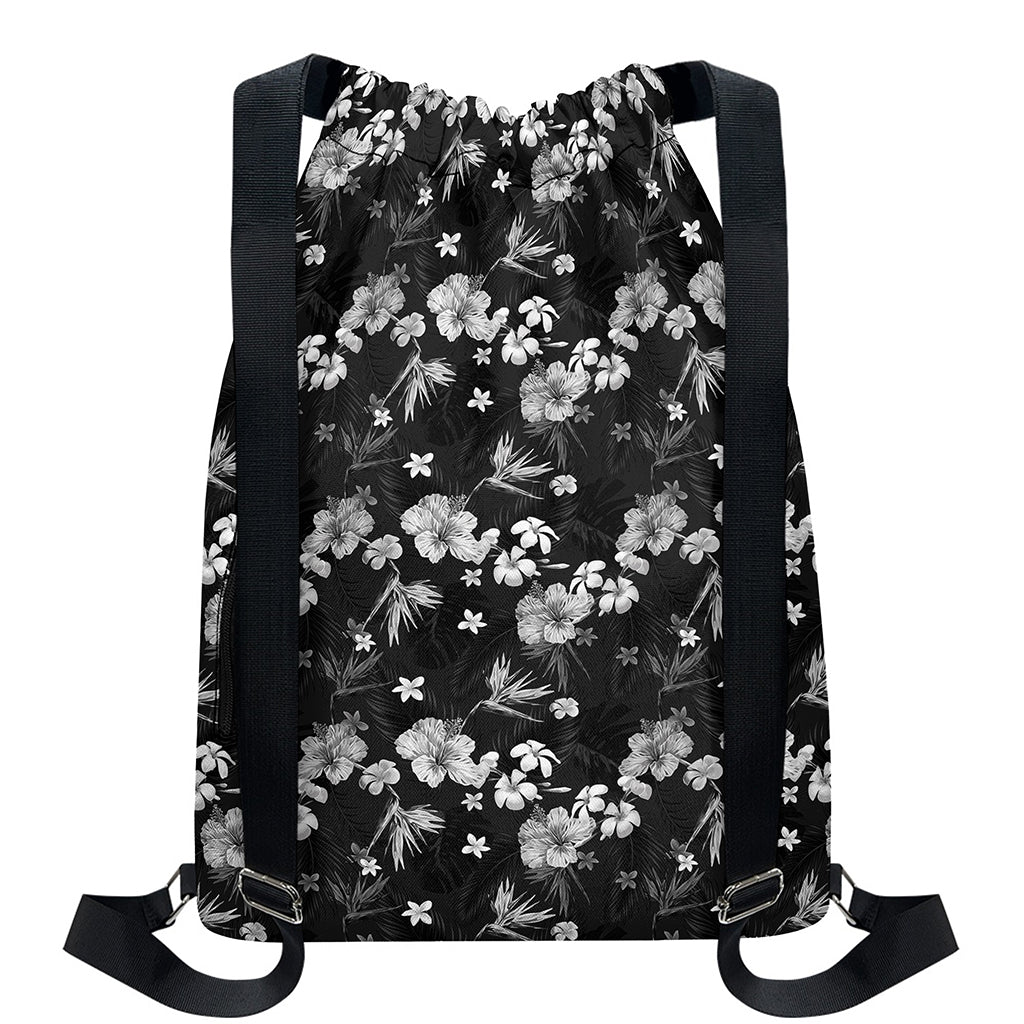 Monochrome Hawaiian Floral Print Drawstring Backpack
