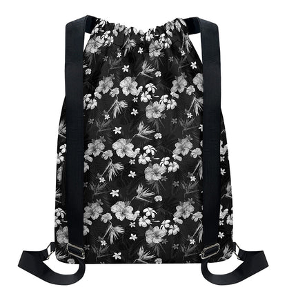 Monochrome Hawaiian Floral Print Drawstring Backpack