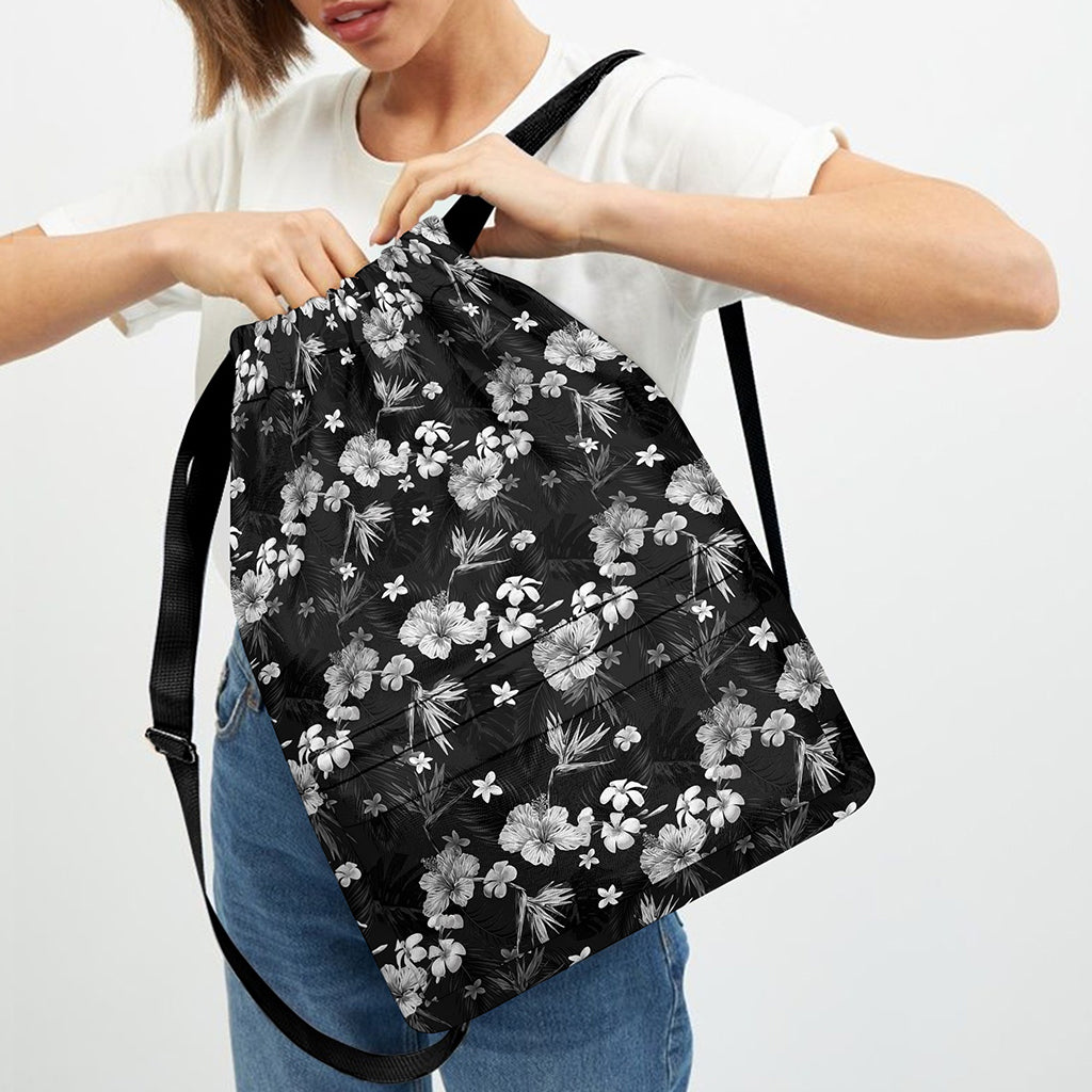 Monochrome Hawaiian Floral Print Drawstring Backpack
