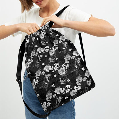 Monochrome Hawaiian Floral Print Drawstring Backpack