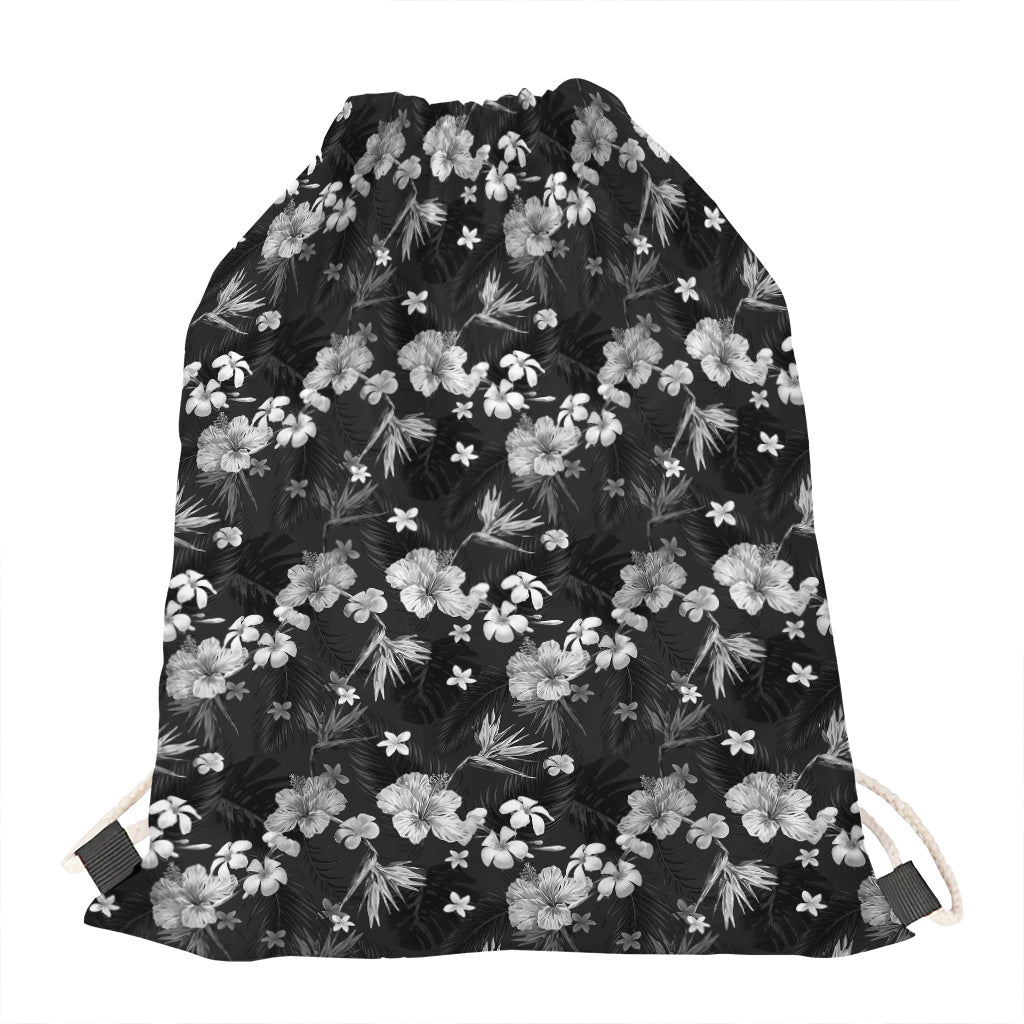 Monochrome Hawaiian Floral Print Drawstring Bag