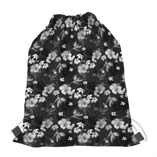 Monochrome Hawaiian Floral Print Drawstring Bag
