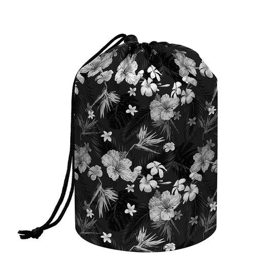 Monochrome Hawaiian Floral Print Drawstring Makeup Bag