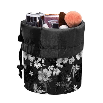 Monochrome Hawaiian Floral Print Drawstring Makeup Bag