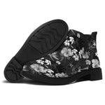 Monochrome Hawaiian Floral Print Flat Ankle Boots