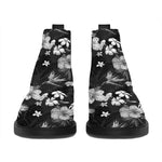 Monochrome Hawaiian Floral Print Flat Ankle Boots