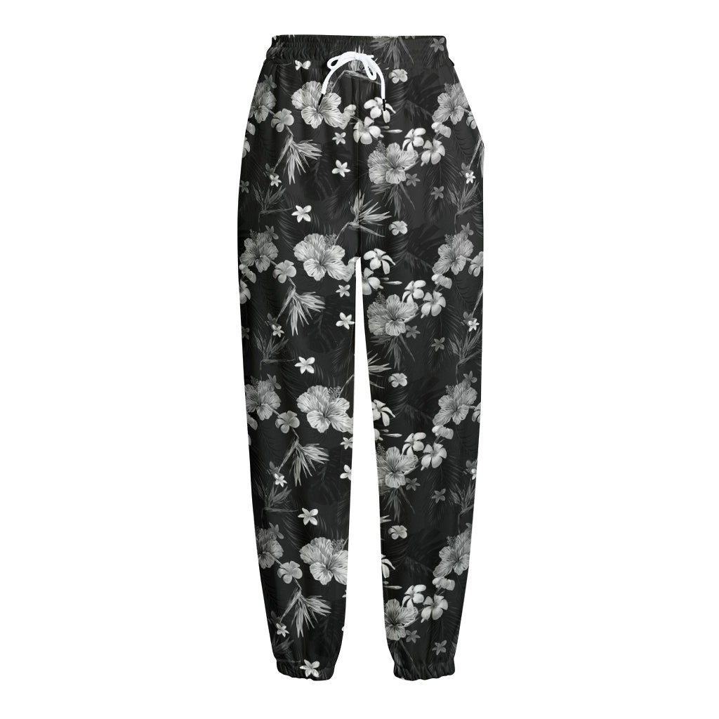 Monochrome Hawaiian Floral Print Fleece Lined Knit Pants