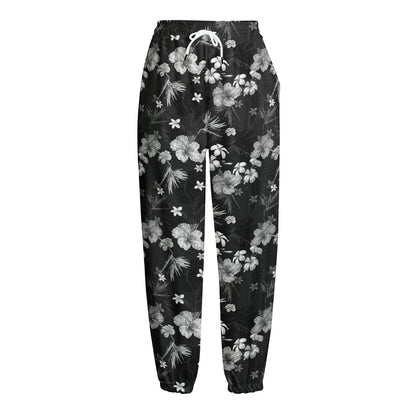 Monochrome Hawaiian Floral Print Fleece Lined Knit Pants