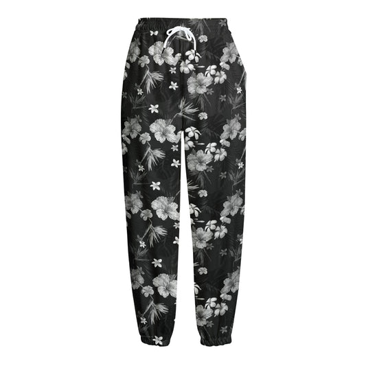 Monochrome Hawaiian Floral Print Fleece Lined Knit Pants