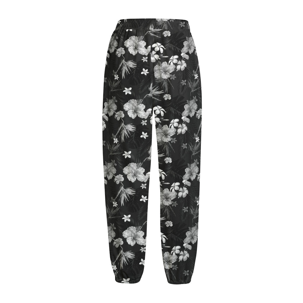 Monochrome Hawaiian Floral Print Fleece Lined Knit Pants
