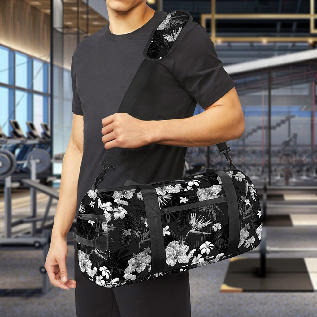 Monochrome Hawaiian Floral Print Gym Bag