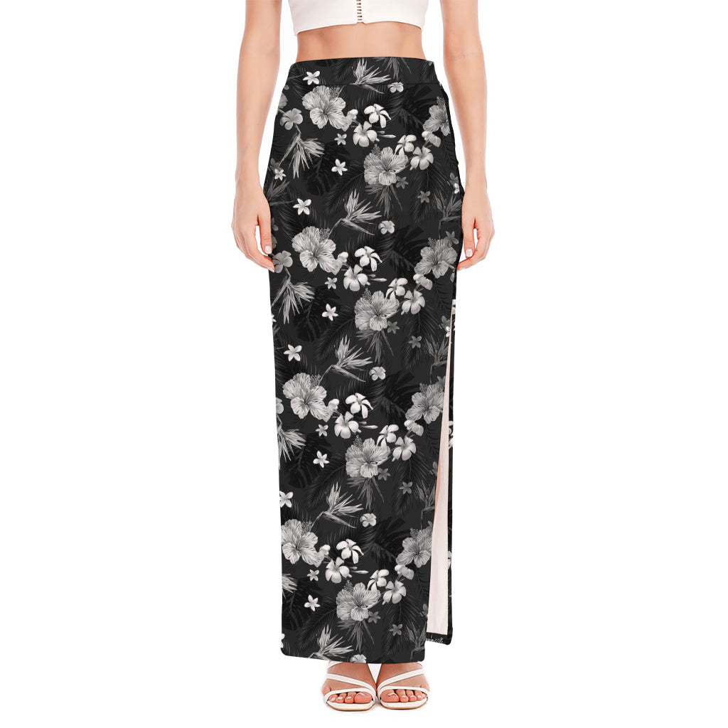Monochrome Hawaiian Floral Print High Slit Maxi Skirt