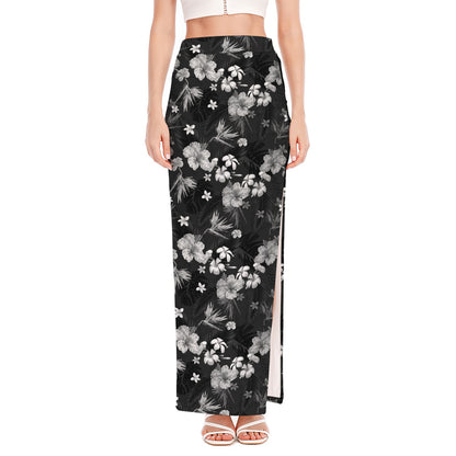 Monochrome Hawaiian Floral Print High Slit Maxi Skirt