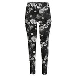 Monochrome Hawaiian Floral Print High-Waisted Pocket Leggings