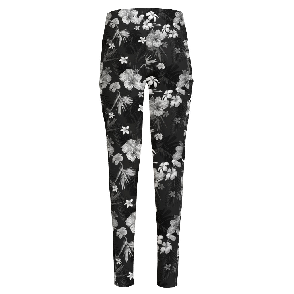 Monochrome Hawaiian Floral Print High-Waisted Pocket Leggings