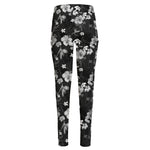 Monochrome Hawaiian Floral Print High-Waisted Pocket Leggings