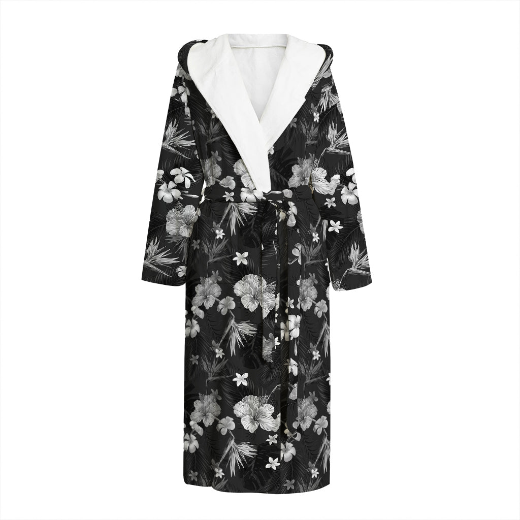 Monochrome Hawaiian Floral Print Hooded Bathrobe