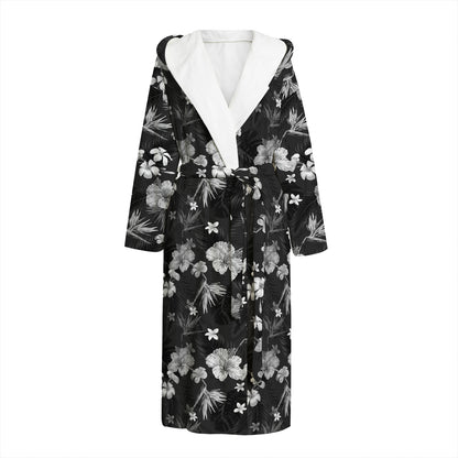 Monochrome Hawaiian Floral Print Hooded Bathrobe