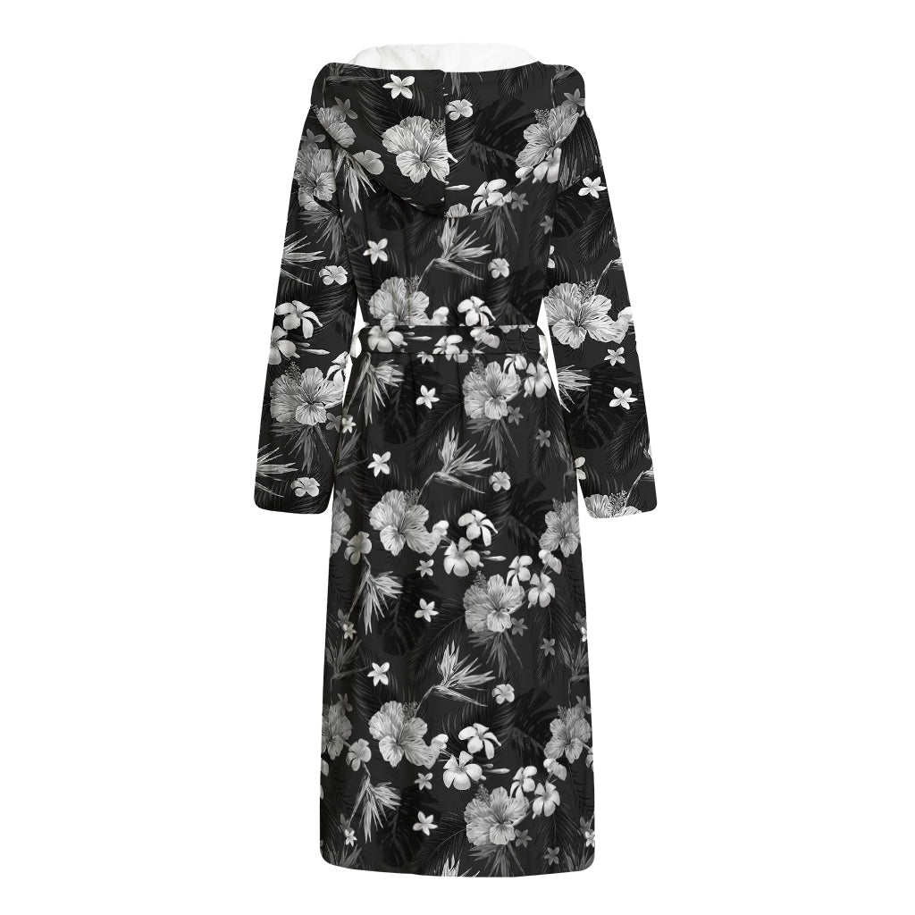 Monochrome Hawaiian Floral Print Hooded Bathrobe