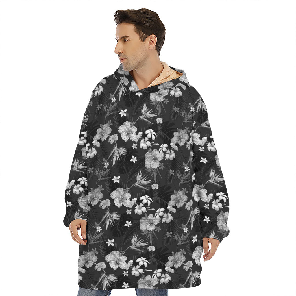 Monochrome Hawaiian Floral Print Hoodie Blanket
