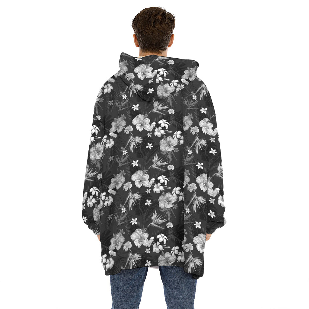 Monochrome Hawaiian Floral Print Hoodie Blanket