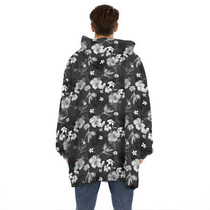 Monochrome Hawaiian Floral Print Hoodie Blanket