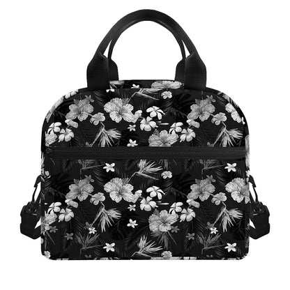Monochrome Hawaiian Floral Print Insulated Lunch Bag