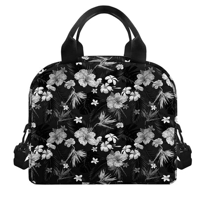 Monochrome Hawaiian Floral Print Insulated Lunch Bag