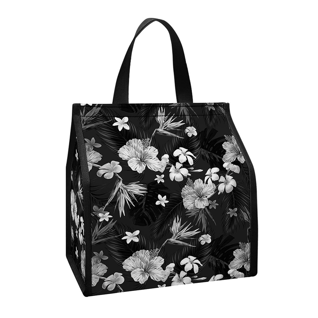 Monochrome Hawaiian Floral Print Insulated Lunch Tote