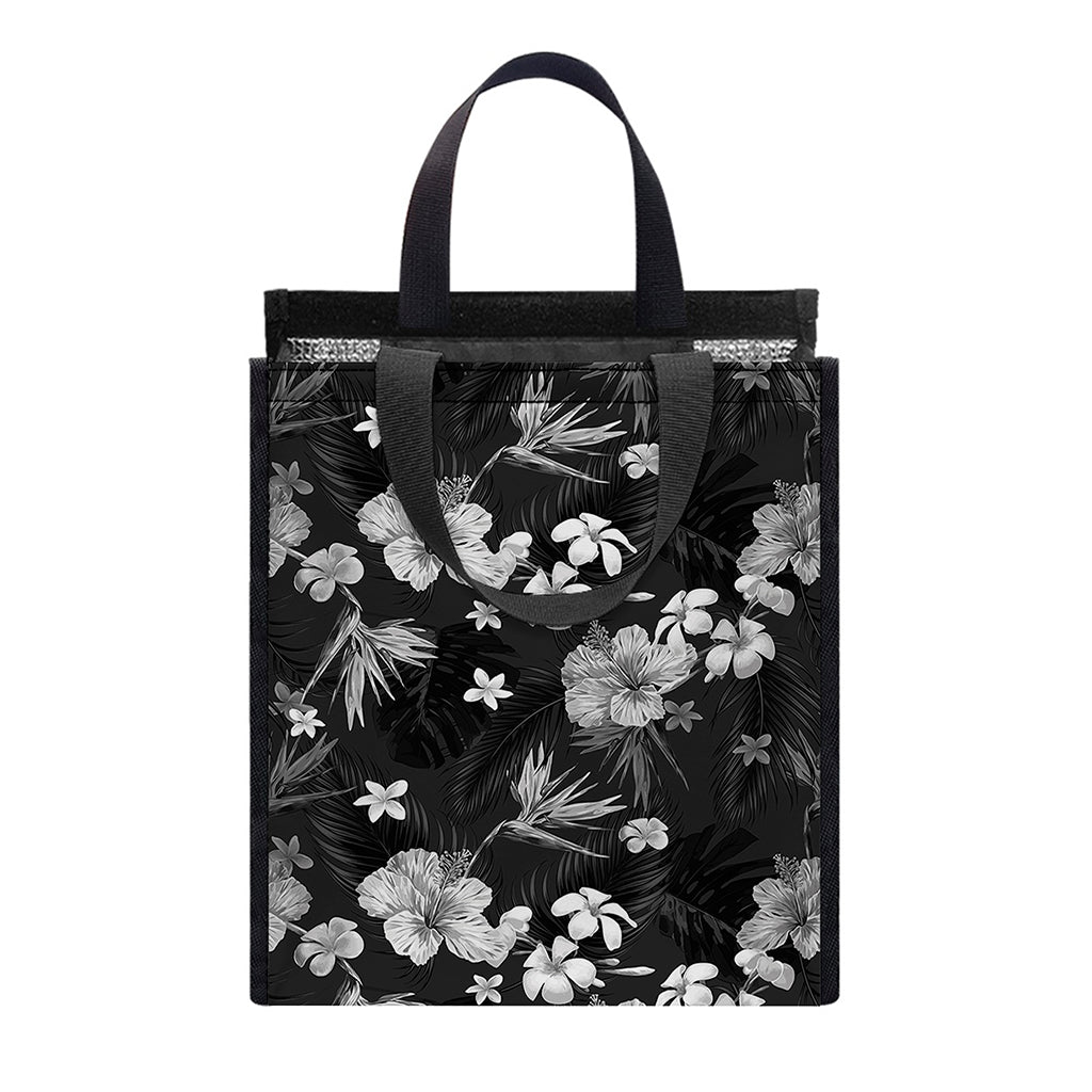 Monochrome Hawaiian Floral Print Insulated Lunch Tote
