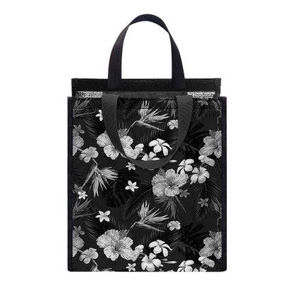 Monochrome Hawaiian Floral Print Insulated Lunch Tote
