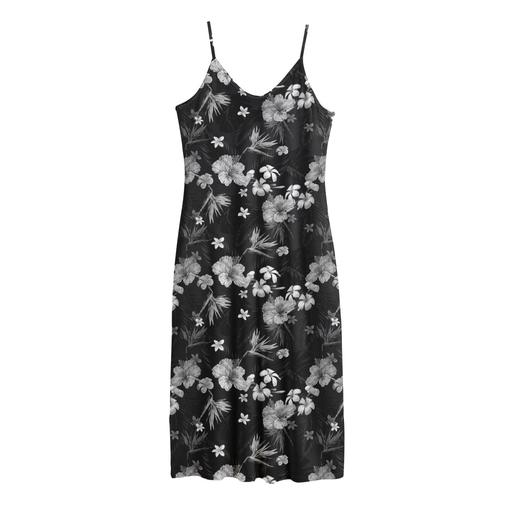 Monochrome Hawaiian Floral Print Jersey Midi Cami Dress